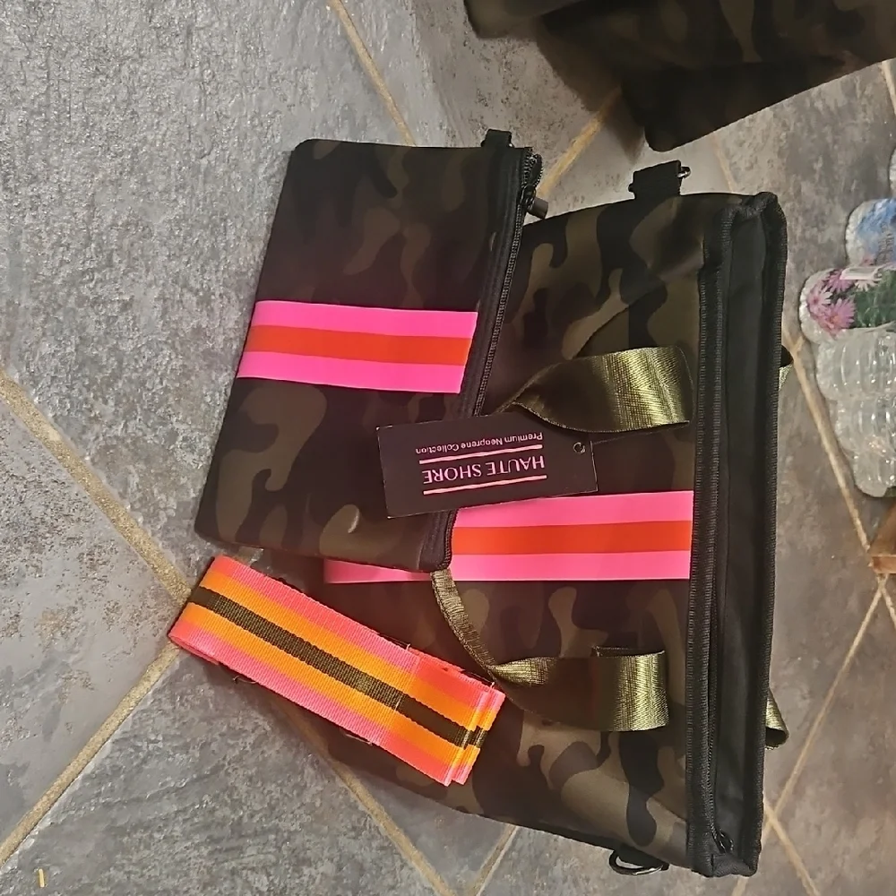 Haute Shore Camouflage Tote with Pink and Orange Stripes - Picture 2 of 3